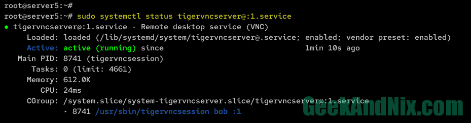 Verifying TIgerVNC Server service on Ubuntu