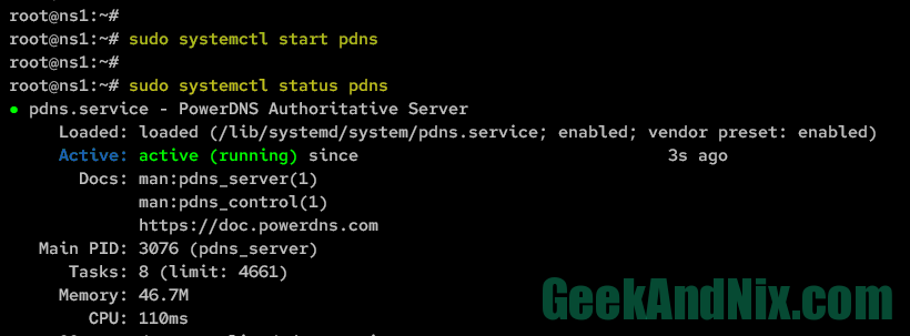 Starting and verifying PowerDNS pdns service
