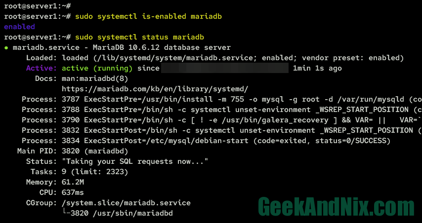 Checking mariadb service status via systemctl utility