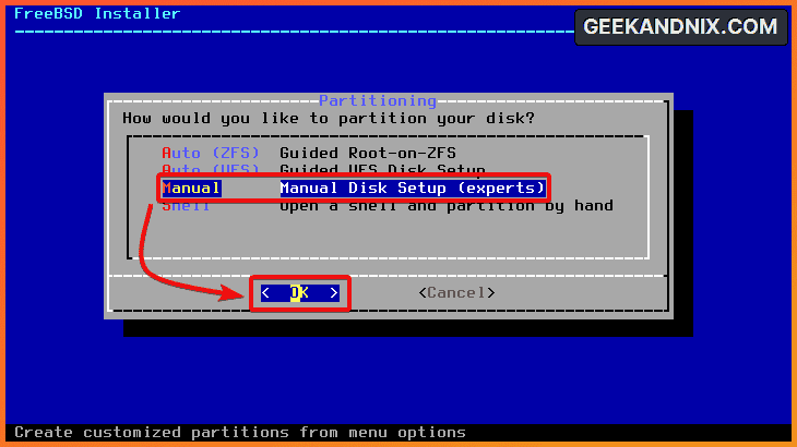 Manually partitioning disk for FreeBSD installation