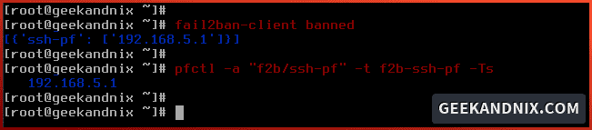 Checking banned IP address on fail2ban using fail2ban-client and pfctl