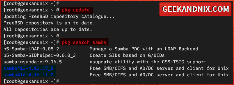 Refreshing package index and find Samba packages
