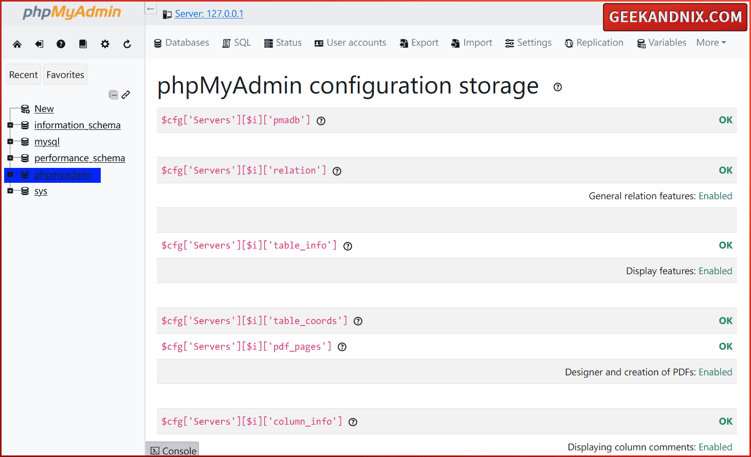 phpMyAdmin storage configuration complete