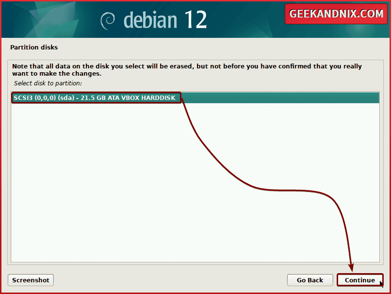 Selecting disk for installation