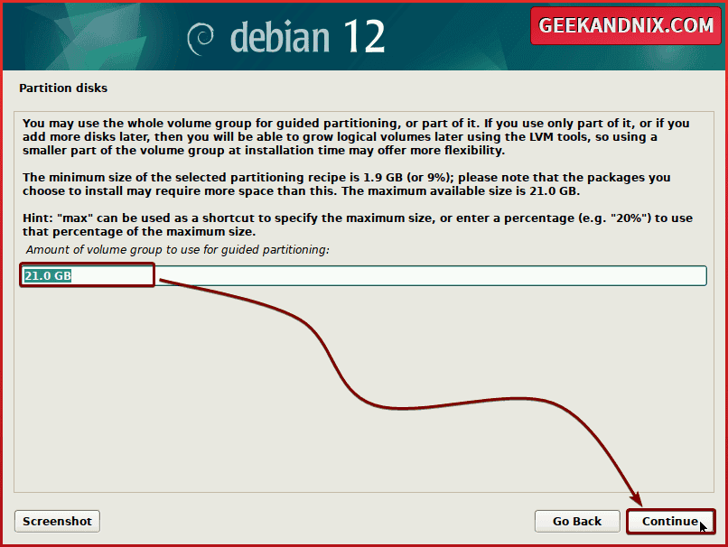Configuring disk size for Debian installation