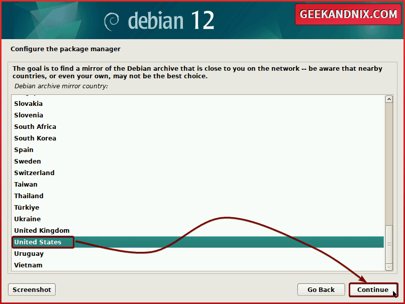 Configuring country for mirror Debian repository