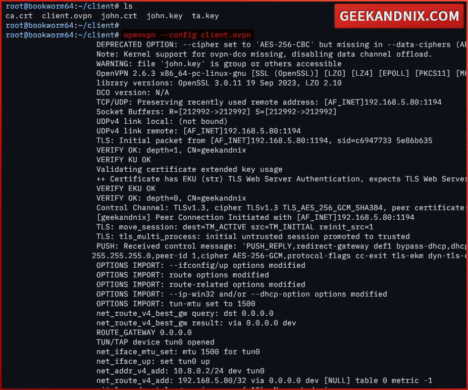 Connecting to OpenVPN server via terminal Linux