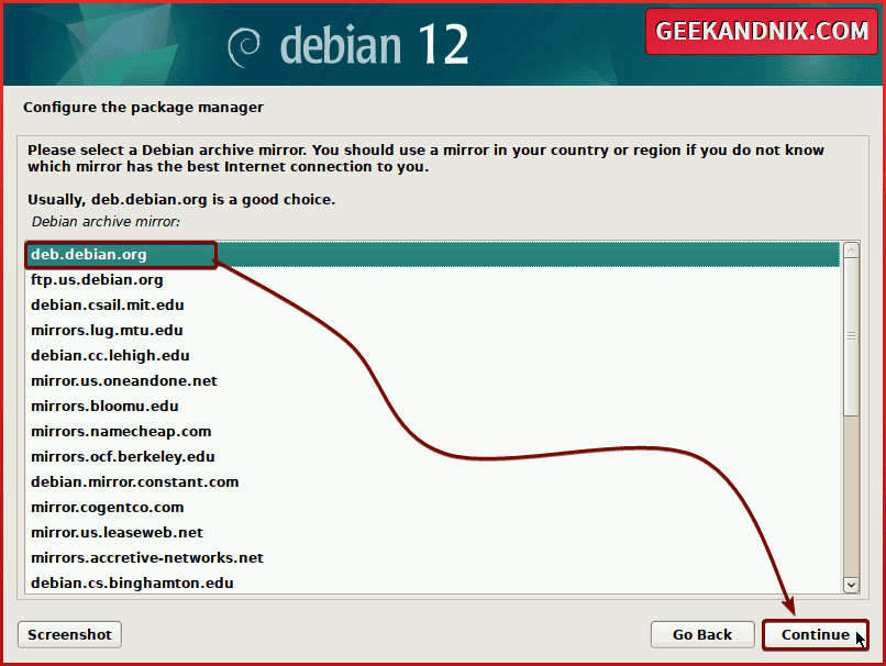 Selecting mirror for Debian repository