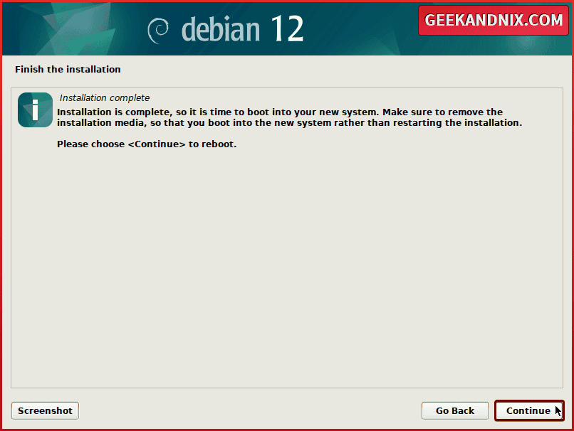 Installation of Debian 12 Bookworm completed
