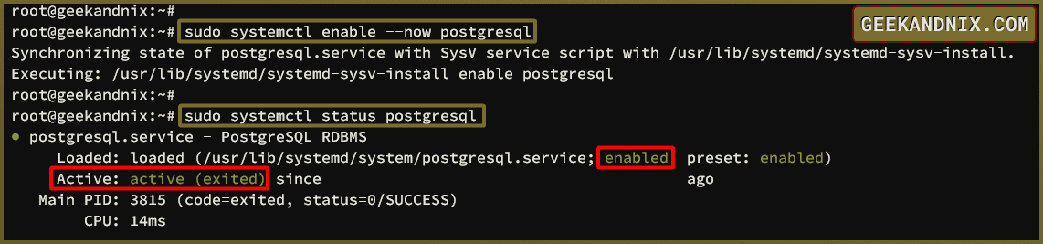 Start, enable, and verify PostgreSQL service