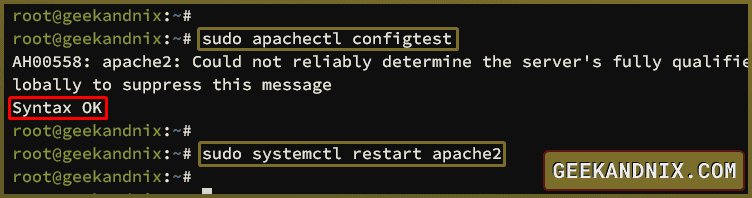 Test Apache syntax and restart the service