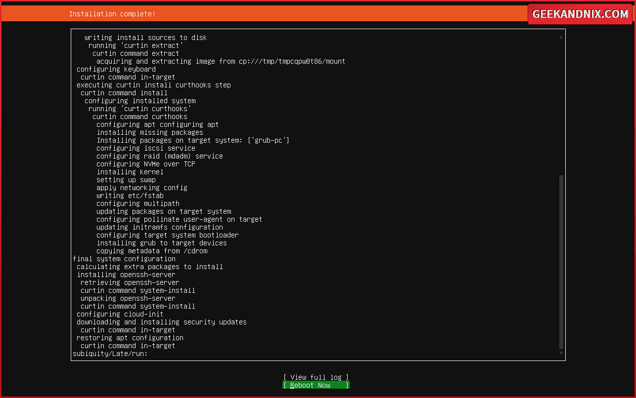 Ubuntu server installation finished - Reboot Now
