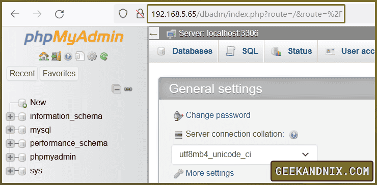 phpMyAdmin running on the new URL /dbadm
