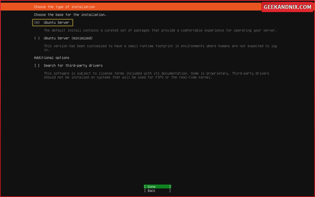 Select the base installation to Ubuntu Server