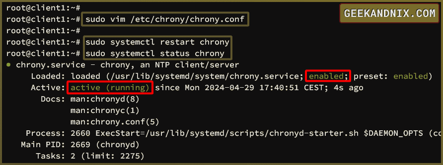 Setup chrony as NTP client and check chrony service status