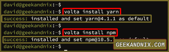 Installing Yarn and NPM package manager with volta