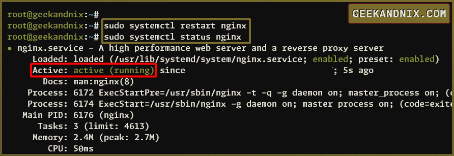 Restart and verify Nginx status
