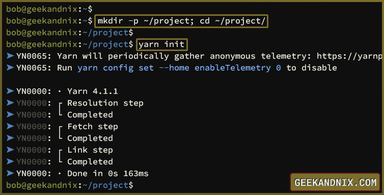 Initializing Node.js project with Yarn