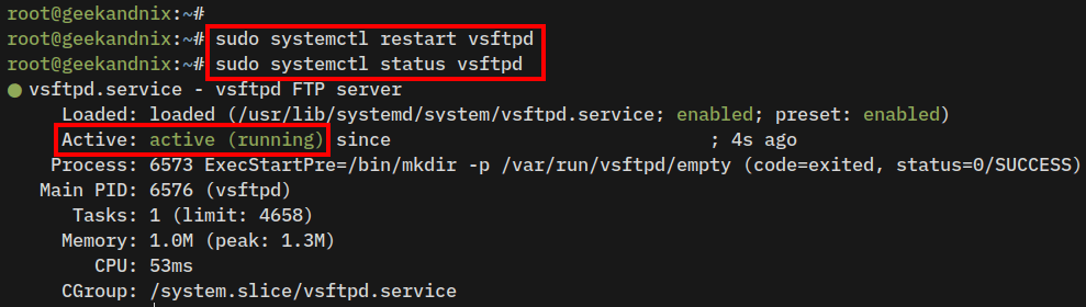 Restart and verify vsftpd service