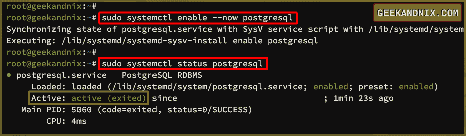Starting and verifying PostgreSQL service
