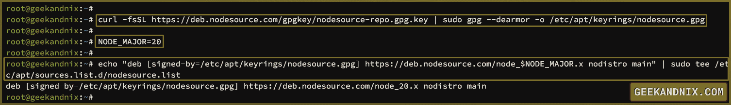 Adding Nodesource repository for Nodejs 20