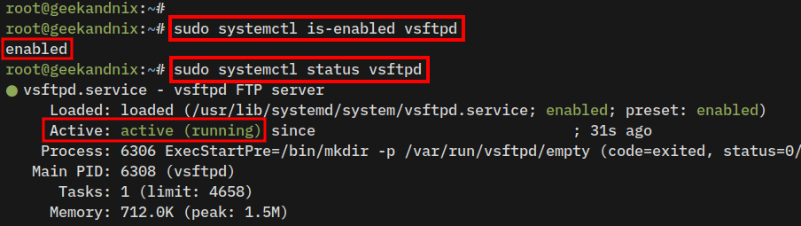 Checking vsftpd service status
