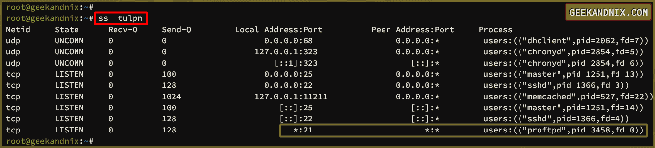 Checking ProFTPD port 21 with ss command