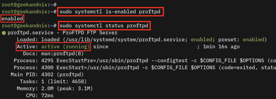 Checking ProFTPd service status
