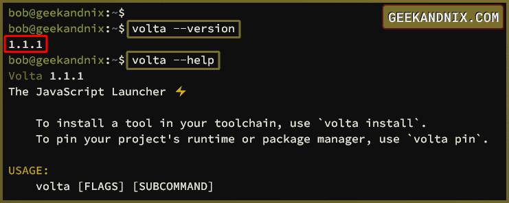 Checking Volta version and help messages
