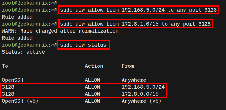 Opening squid port with UFW (Uncomplicated Firewall)
